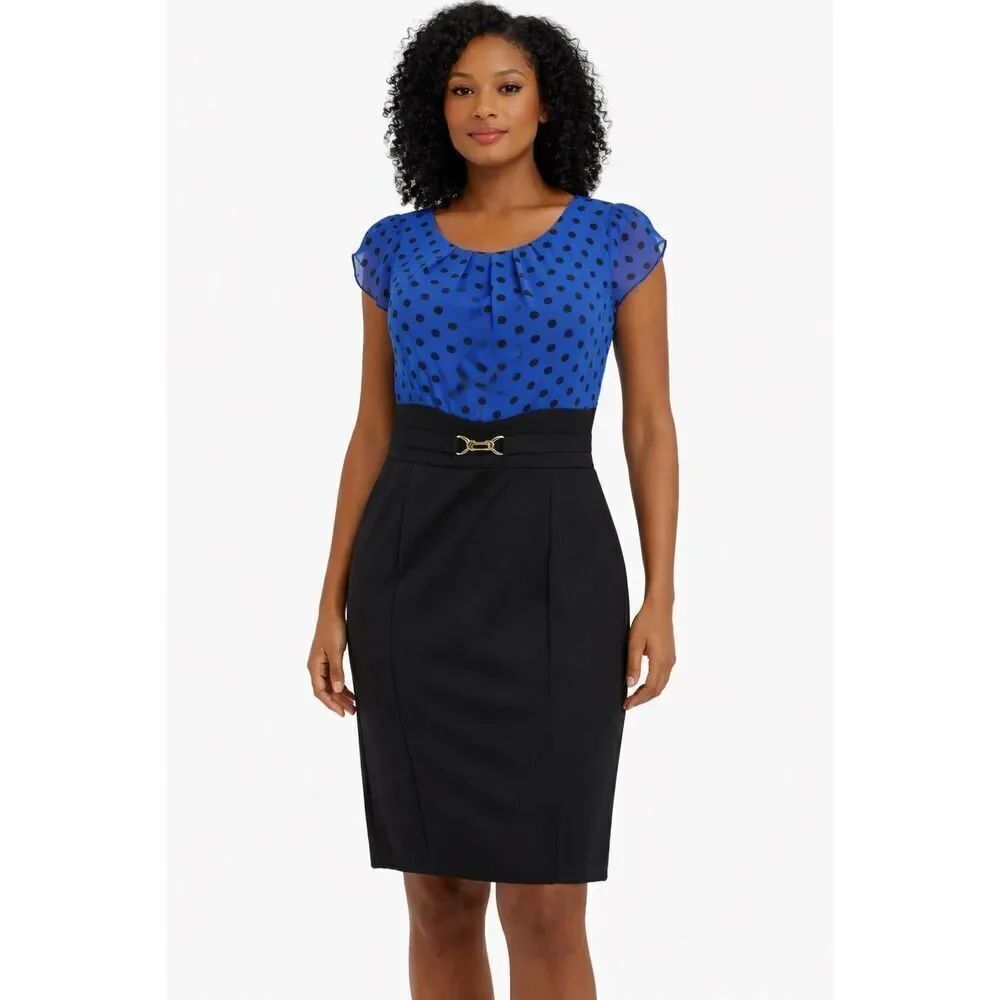 Alyx Women’s Blue Black Polka Dot Colorblock Sheath Dress Career Size 10